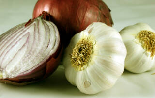 Onions and heads of garlic